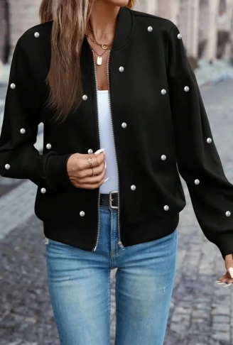 Kadın Uzun Kollu önden Fermuarlı Incili Kısa Modal Ceket