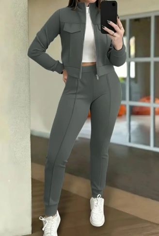 Kadın Uzun Kollu önden Fermuarlı Kısa Modal Ceket Ve Pantolon Ikili Takım