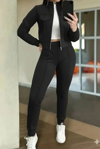 Kadın Uzun Kollu önden Fermuarlı Kısa Modal Ceket Ve Pantolon Ikili Takım