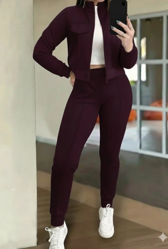 Kadın Uzun Kollu önden Fermuarlı Kısa Modal Mor Ceket Ve Pantolon Ikili Takım