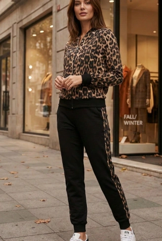 Kadın Uzun Kollu önden Fermuarlı Leopar Desen Detaylı Viskon Iki Iplik Kumaş Ikili Takım