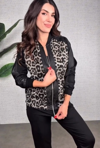 Kadın Uzun Kollu önden Fermuarlı Leopar Desenli Viskon Iki Iplik Bluz Ve Pantolon Ikili Takım