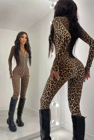 Kadın Uzun Kollu önden Fermuarlı Parmaktan Geçmeli Leopar Desenli Dalgıç Tulum