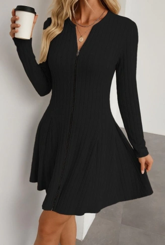 Kadın Uzun Kollu önden Fermuarlı Pileli şardonlu Kaşkorse Mini Elbise