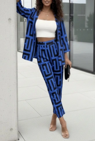 Kadın Uzun Kollu önü Açık Desenli Iki Iplik Ceket Ve Pantolon Ikili Takım