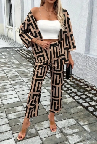 Kadın Uzun Kollu önü Açık Desenli Iki Iplik Ceket Ve Pantolon Ikili Takım