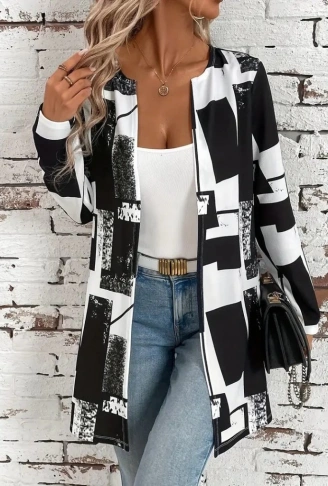 Kadın Uzun Kollu önü Açık Desenli Modal Kısa Ceket