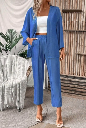 Kadın Uzun Kollu önü Açık Dokuma Ceket Ve Pantolon Ikili Takım