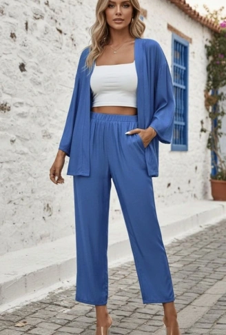 Kadın Uzun Kollu önü Açık Dokuma Ceket Ve Pantolon Ikili Takım