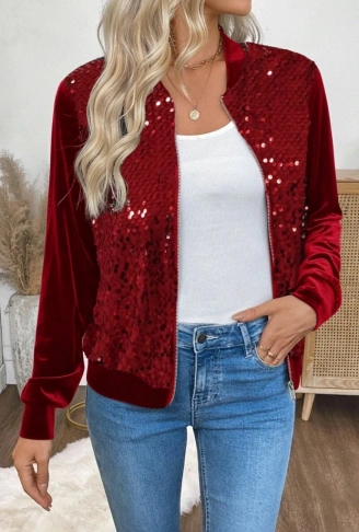 Kadın Uzun Kollu önü Açık Fermuarlı Pulpayetli Kadife Ceket