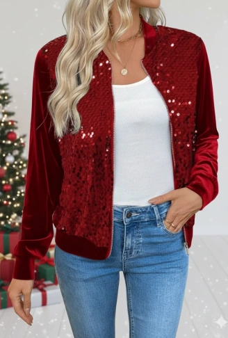 Kadın Uzun Kollu önü Açık Fermuarlı Pulpayetli Kadife Ceket