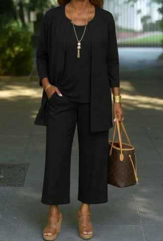 Kadın Uzun Kollu önü Açık Modal Ceket Kolsuz Viskon Iki Iplik Bluz Ve Pantolon üçlü Takım