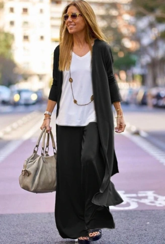 Kadın Uzun Kollu önü Açık Viskon Ceket Ve Pantolon Ikili Takım