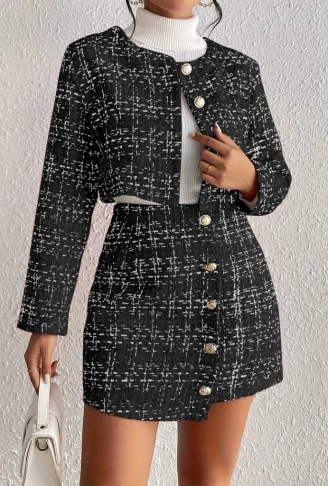 Kadın Uzun Kollu önü Düğmeli şanel Ceket Ve Etek Takım