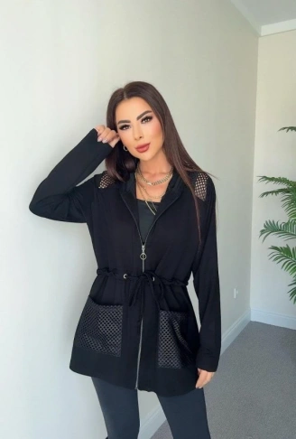 Kadın Uzun Kollu önü Fermuarlı File Detaylı Belden Bağcıklı Kısa Modal Ceket