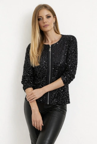 Kadın Uzun Kollu önü Fermuarlı Kısa Pulpayet Ceket