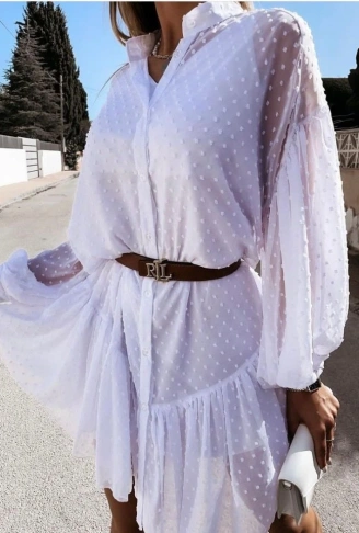 Kadın Uzun Kollu Puantiye Detay Gömlek Elbise