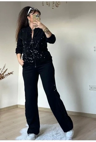 Kadın Uzun Kollu Pul Payet Detay Fermuarlı Iki Iplik Kumaş Ikili Takım