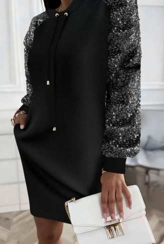 Kadın Uzun Kollu Pulpayetli Bağcıklı Cep Detaylı Mini Viskon Iki Iplik Elbise