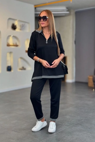 Kadın Uzun Kollu Ribana Ve Fermuar Detay Bluz Ve Yüksel Bel Pantolon 2li Takım