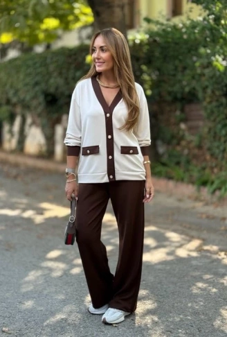 Kadın Uzun Kollu Ribanali Cep Detay Hırka Ve Bol Paça Pantolon Ikili Takım