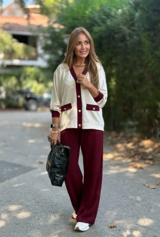 Kadın Uzun Kollu Ribanali Cep Detay Hırka Ve Bol Paça Pantolon Ikili Takım