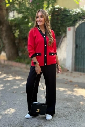 Kadın Uzun Kollu Ribanali Cep Detay Hırka Ve Bol Paça Pantolon Ikili Takım