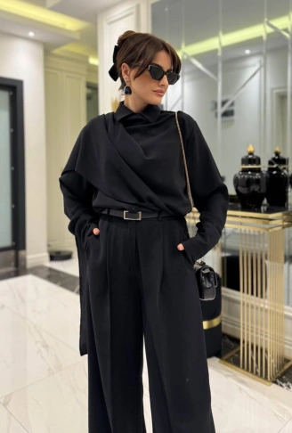 Kadın Uzun Kollu şal Detaylı Bluz Ve Pantolon Kemer Dahil Ikili Takım
