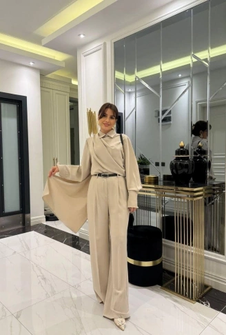 Kadın Uzun Kollu şal Detaylı Bluz Ve Pantolon Kemer Dahil Ikili Takım