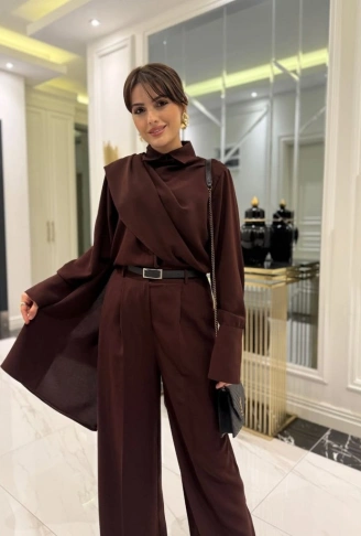 Kadın Uzun Kollu şal Detaylı Bluz Ve Pantolon Kemer Dahil Ikili Takım