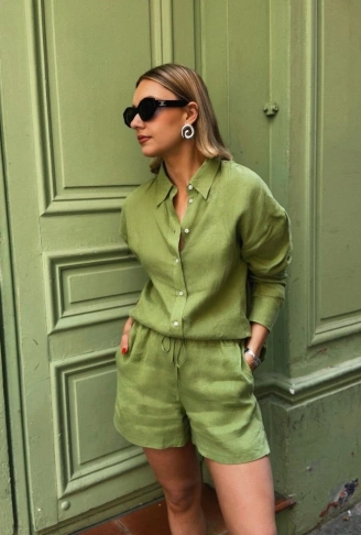 Kadın Uzun Kollu Salaş Gömlek Ve şort Keten Ikili Takım