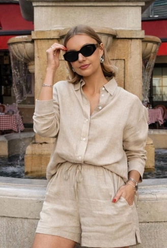 Kadın Uzun Kollu Salaş Gömlek Ve şort Keten Ikili Takım