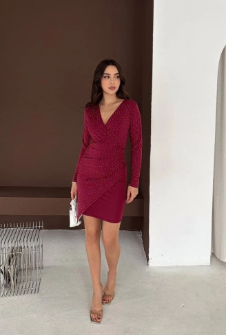 Kadın Uzun Kollu Taş Detay Mini Kruvaze Elbise