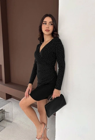 Kadın Uzun Kollu Taş Detay Mini Kruvaze Elbise