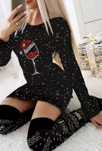 Kadın Uzun Kollu Taş Kadeh Baskı Dalgıç Mini Boy Elbise