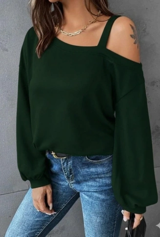 Kadın Uzun Kollu Tek Omuz Askı Detay Salaş Viskon Iki Iplik Bluz