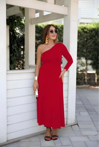 Kadın Uzun Kollu Tek Omuz Detay Krep Elbise