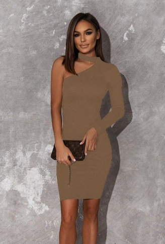 Kadın Uzun Kollu Tek Omuz Ve Kol Açık Detay Viskon Mini Boy Elbise