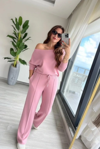 Kadın Uzun Kollu Tek Omuzdan Açık Dalgıç Bluz Ve Pantolon Ikili Takım