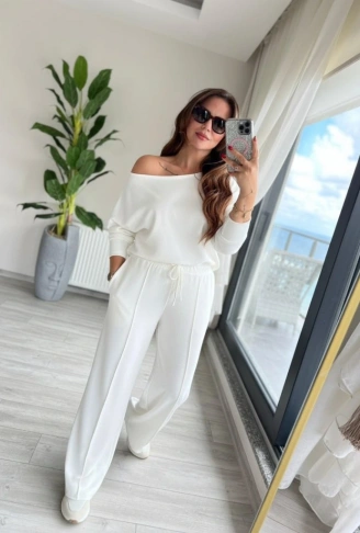 Kadın Uzun Kollu Tek Omuzdan Açık Dalgıç Bluz Ve Pantolon Ikili Takım