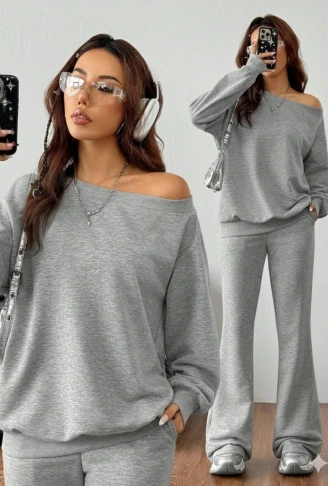 Kadın Uzun Kollu Tek Omuzdan Açık Iki Iplik Bluz Ve Pantolon Ikili Takım