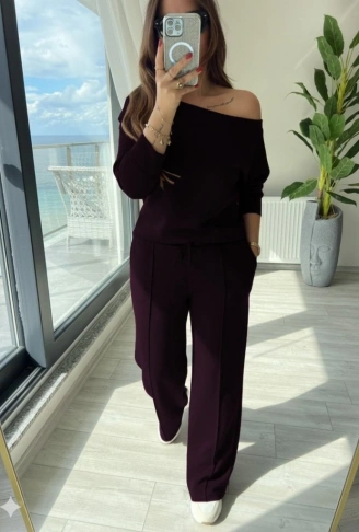 Kadın Uzun Kollu Tek Omuzdan Açık Modal Bluz Ve Pantolon Ikili Mürdüm Takım