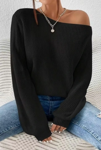 Kadın Uzun Kollu Tek Omuzu Açık Detaylı Triko Bluz