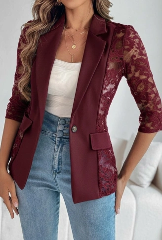 Kadın Uzun Kollu Truvakar Kol önden Düğmeli Cepli Dantelli Atlas Ceket