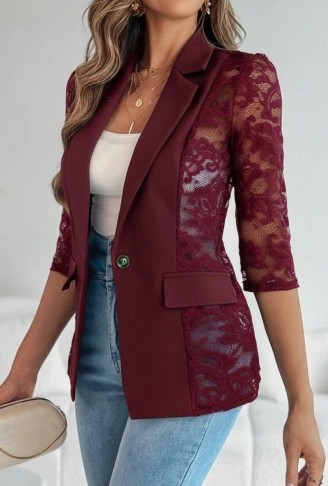 Kadın Uzun Kollu Truvakar Kol önden Düğmeli Cepli Dantelli Atlas Ceket
