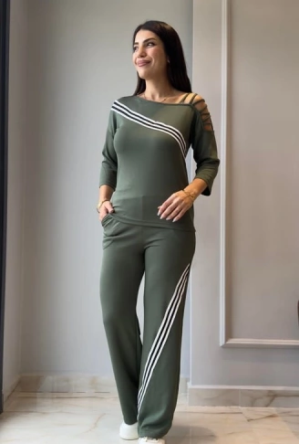 Kadın Uzun Kollu Truvakar Kol Tek Omuz çapraz şerit Detaylı Ribanalı Viskon Iki Iplik Bluz Ve Pantolon Ikili Takım