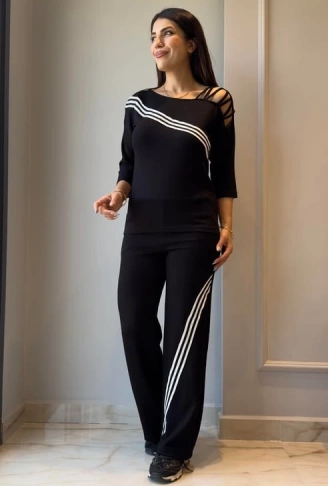 Kadın Uzun Kollu Truvakar Kol Tek Omuz çapraz şerit Detaylı Ribanalı Viskon Iki Iplik Bluz Ve Pantolon Ikili Takım