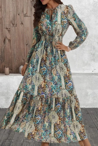 Kadın Uzun Kollu Uakadabağcıklı Beli Lastikli Desenli Uzun Süprem Elbise