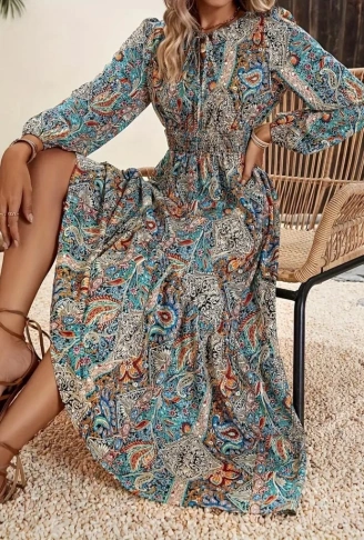 Kadın Uzun Kollu Uakadabağcıklı Beli Lastikli Desenli Uzun Süprem Elbise