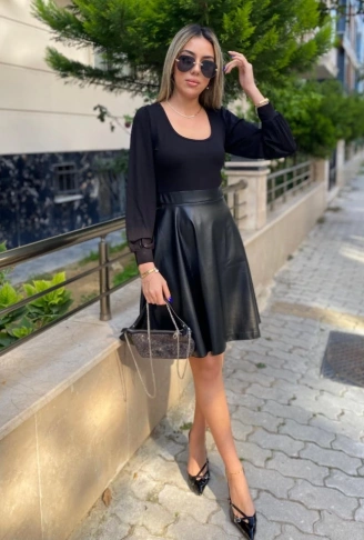 Kadın Uzun Kollu üst Viskon Alt Kloş Deri Elbise